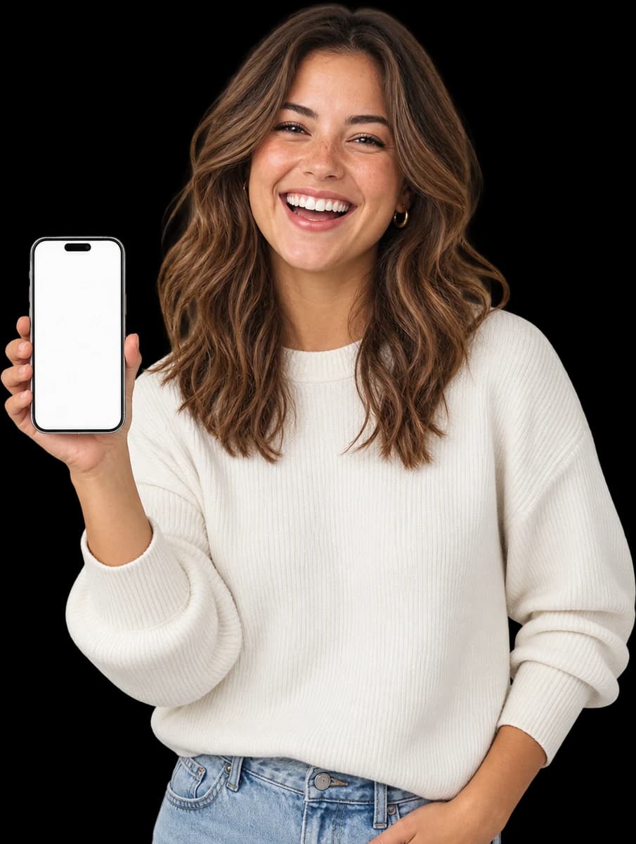 A creator laughing, holding up her phone with a script on the screen